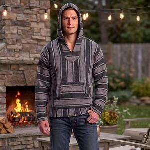 Iguana Jack Unisex Medium Black Baja Hoodie Drug Rug Striped Pullover Surf Boho